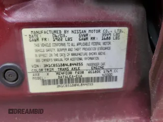 2004 Nissan Sentra S z VIN 3N1CB51D84L844255, wystawiony jako Copart lot #57725305 z przebiegiem 70 648 mil mil oraz Czysty tytuł • Clean title. Historia ofert i sprzedaży dostępna na DreamBid. Obrazek 12.
