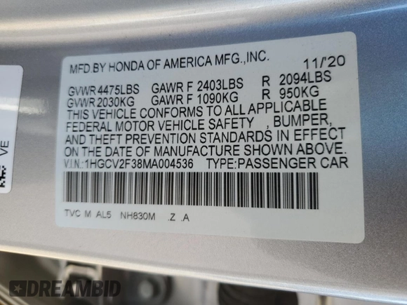 2021 Honda Accord Sport with VIN 1HGCV2F38MA004536, listed as a Copart auction lot 52532165 with 115,669 mi miles and Salvage title. Bid and sale history available at DreamBid. Image 12.