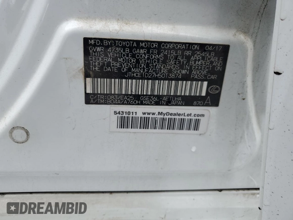 2017 Lexus IS 350 with VIN JTHCE1D27H5013874, listed as a Copart auction lot 78694874 with 54,001 mi miles and Salvage title. Bid and sale history available at DreamBid. Image 14.