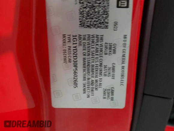 2023 Chevrolet Corvette 1LZ with VIN 1G1YD2D30P5602605, listed as a Copart auction lot 86160944 with 3,214 mi miles and Salvage Title. Bid and sale history available at DreamBid. Image 12.