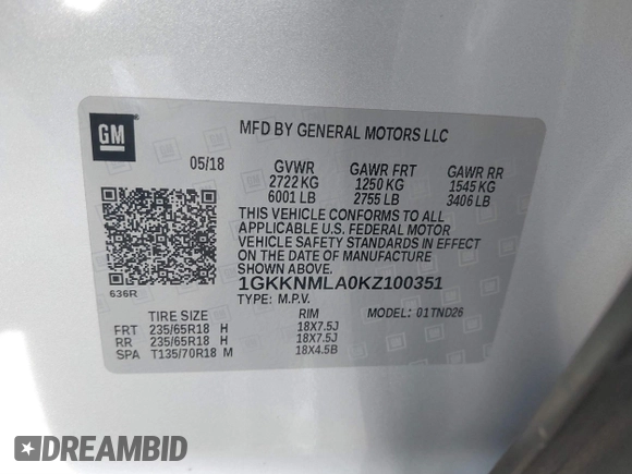 2019 GMC Acadia SLT with VIN 1GKKNMLA0KZ100351, listed as a IAAI auction lot 41219026 with 88,751 mi miles. Bid and sale history available at carsss.com. Image 9.