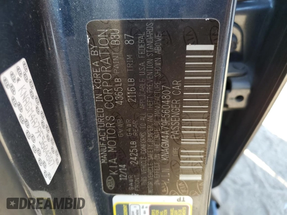 2015 Kia Optima LX with VIN KNAGM4A79F5604807, listed as a Copart auction lot 83410754 with 126,618 mi miles and Salvage Title. Bid and sale history available at DreamBid. Image 12.