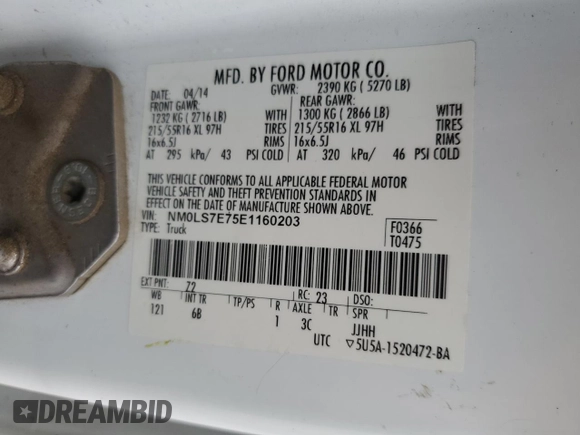 2014 Ford Transit Connect XL with VIN NM0LS7E75E1160203, listed as a Copart auction lot 59225235 with 140,980 mi miles and Salvage title. Bid and sale history available at DreamBid. Image 13.