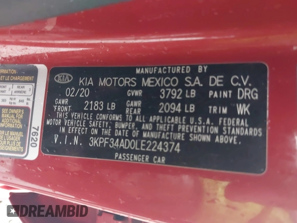 2020 Kia Forte GT-Line with VIN 3KPF34AD0LE224374, listed as a IAAI auction lot 41053534 with 51,441 mi miles. Bid and sale history available at carsss.com. Image 9.