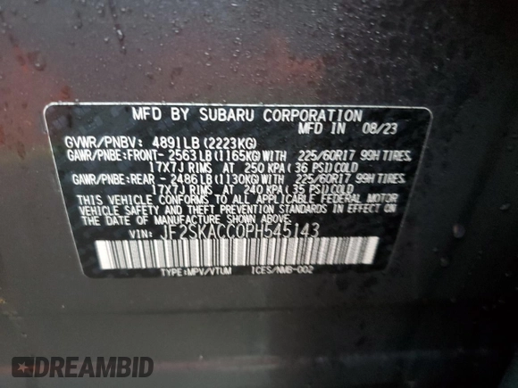2023 Subaru Forester with VIN JF2SKACC0PH545143, listed as a Copart auction lot 85953864 with 22,874 mi miles and Salvage title. Bid and sale history available at DreamBid. Image 13.