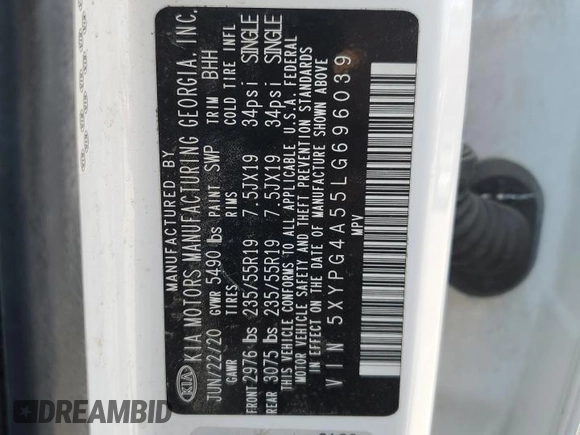 2020 Kia Sorento S z VIN 5XYPG4A55LG696039, wystawiony jako Copart lot #53807265 z przebiegiem 81 001 mil mil oraz Szkoda całkowita • Salvage title. Historia ofert i sprzedaży dostępna na DreamBid. Obrazek 12.