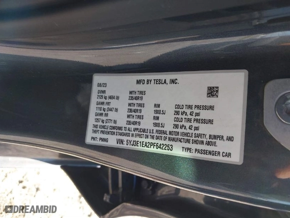 2023 Tesla Model 3 with VIN 5YJ3E1EA2PF642253, listed as a IAAI auction lot 41777160 with 29,817 mi miles. Bid and sale history available at carsss.com. Image 9.