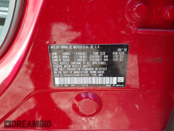 2017 Honda HR-V LX with VIN 3CZRU6H32HM700330, listed as a IAAI auction lot 41879136 with 90,629 mi miles. Bid and sale history available at carsss.com. Image 9.