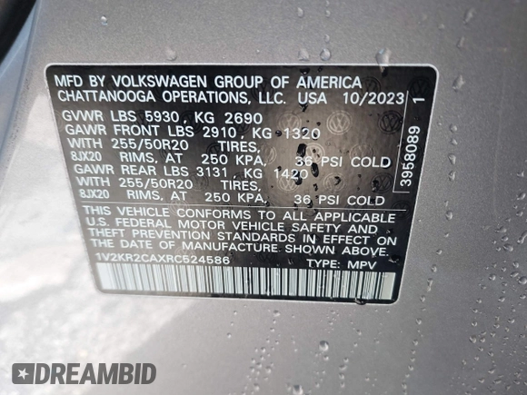 2024 Volkswagen Atlas SE with VIN 1V2KR2CAXRC524586, listed as a IAAI auction lot 41266446 with 15,417 mi miles and . Bid and sale history available at DreamBid. Image 9.