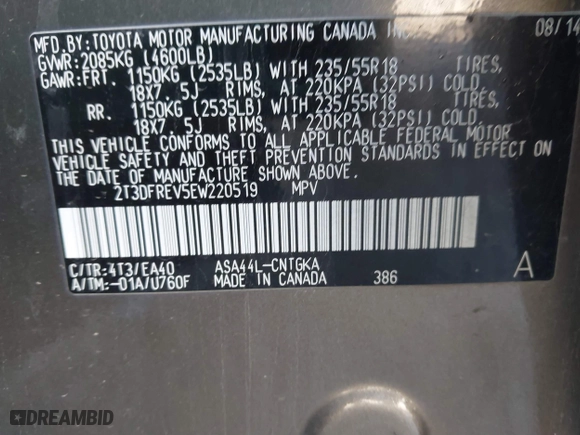 2014 Toyota RAV4 Limited with VIN 2T3DFREV5EW220519, listed as a IAAI auction lot 41808325 with 142,026 mi miles. Bid and sale history available at carsss.com. Image 9.