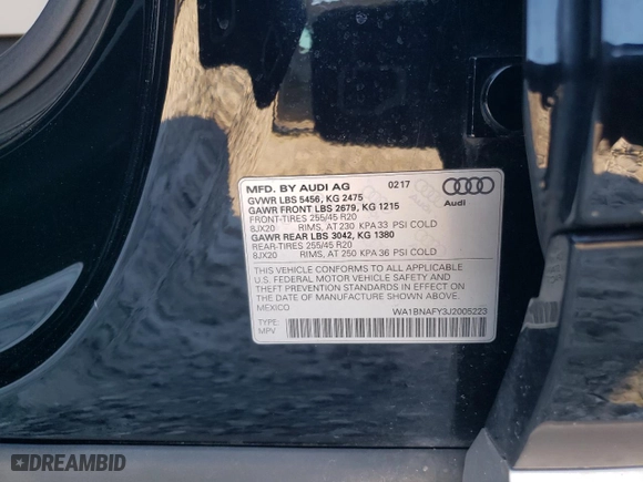 2018 Audi Q5 Premium Plus with VIN WA1BNAFY3J2005223, listed as a Copart auction lot 84760714 with 85,153 mi miles and Salvage Title. Bid and sale history available at carsss.com. Image 14.