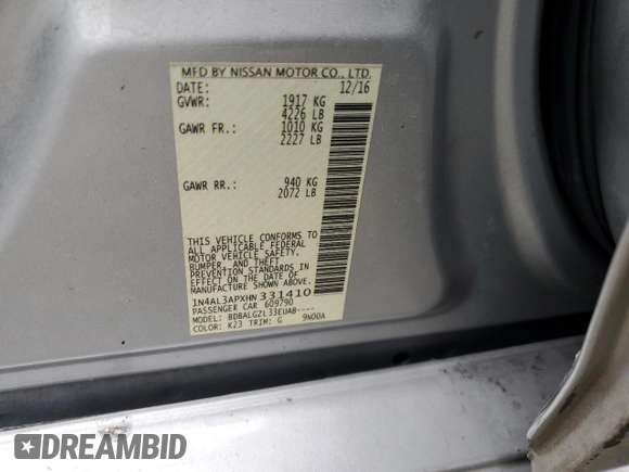 2017 Nissan Altima SR with VIN 1N4AL3APXHN331410, listed as a Copart auction lot 47244515 with 153,592 mi miles and Salvage title. Bid and sale history available at DreamBid. Image 13.