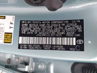 2020 Toyota Prius LE with VIN JTDL9RFU1L3017670, listed as a IAAI auction lot 42694974 with 69,298 mi miles and . Bid and sale history available at DreamBid. Image 9.