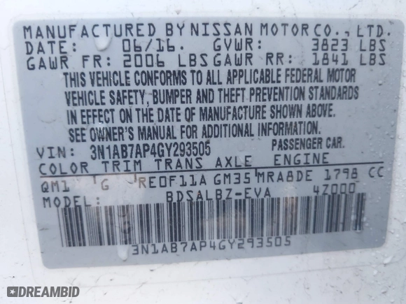 2016 Nissan Sentra SL with VIN 3N1AB7AP4GY293505, listed as a IAAI auction lot 41792467 with 108,686 mi miles. Bid and sale history available at carsss.com. Image 9.