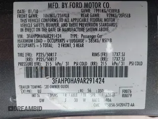 2010 Ford Fusion SE with VIN 3FAHP0HA9AR291424, listed as a IAAI auction lot 41864205 with 131,302 mi miles. Bid and sale history available at carsss.com. Image 9.