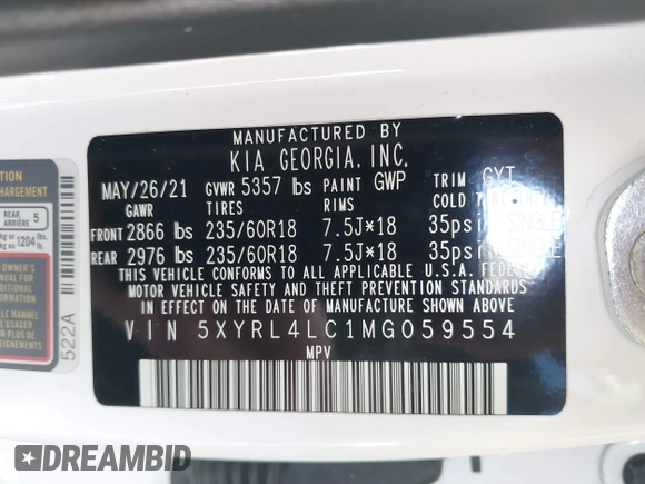 2021 Kia Sorento S with VIN 5XYRL4LC1MG059554, listed as a IAAI auction lot 40827092 with 30,041 mi miles. Bid and sale history available at carsss.com. Image 9.