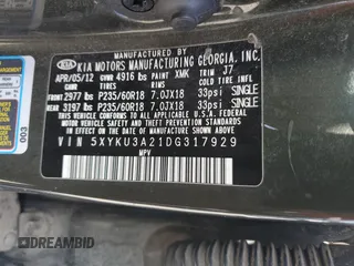 2013 Kia Sorento EX with VIN 5XYKU3A21DG317929, listed as a Copart auction lot 52303015 with Not Provided miles and Clean Title. Bid and sale history available at carsss.com. Image 12.