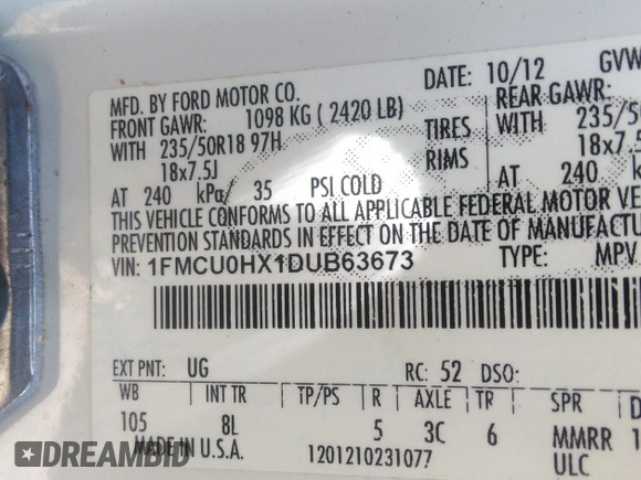 2013 Ford Escape SEL with VIN 1FMCU0HX1DUB63673, listed as a IAAI auction lot 42232003 with 116,230 mi miles and . Bid and sale history available at DreamBid. Image 9.