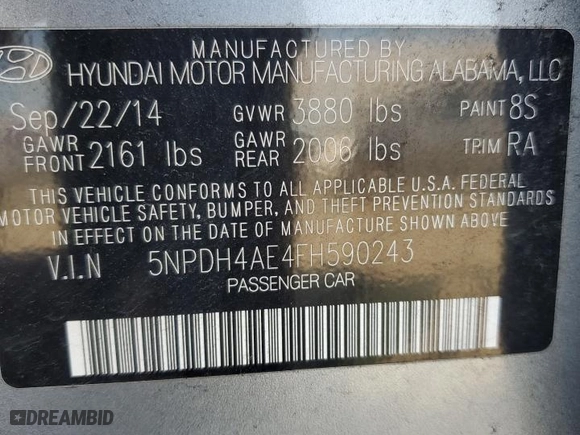2015 Hyundai Elantra Limited with VIN 5NPDH4AE4FH590243, listed as a Copart auction lot 49930405 with 172,210 mi miles and Clean Title. Bid and sale history available at carsss.com. Image 12.