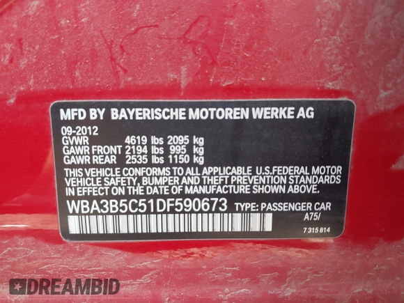 2013 BMW 3 Series 328i xDrive with VIN WBA3B5C51DF590673, listed as a IAAI auction lot 41720742 with 91,147 mi miles. Bid and sale history available at carsss.com. Image 9.