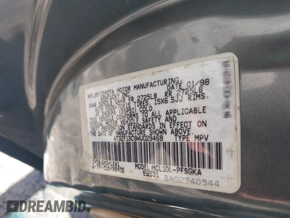 1998 Toyota Sienna LE with VIN 4T3ZF13C9WU029468, listed as a IAAI auction lot 42199057 with Not provided miles and . Bid and sale history available at DreamBid. Image 9.