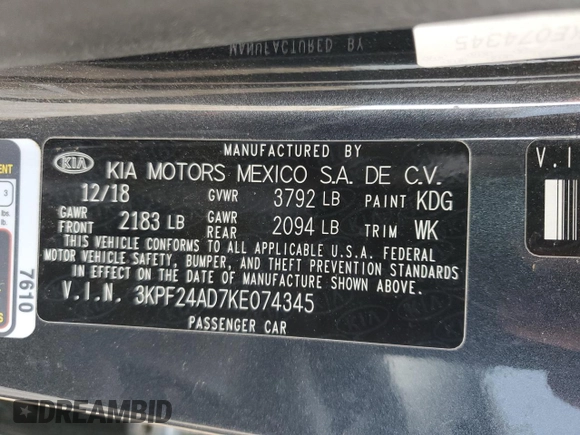 2019 Kia Forte LXS with VIN 3KPF24AD7KE074345, listed as a Copart auction lot 46318715 with 46,263 mi miles and Salvage Title. Bid and sale history available at carsss.com. Image 13.