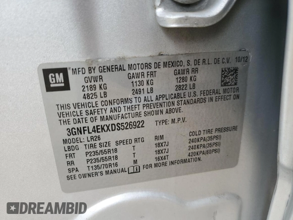 2013 Chevrolet Captiva Sport LTZ with VIN 3GNFL4EKXDS526922, listed as a Copart auction lot 77076654 with 158,870 mi miles and Clean Title. Bid and sale history available at DreamBid. Image 15.