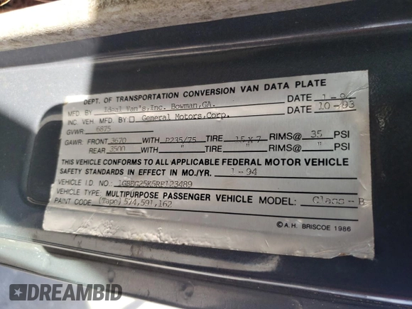 1994 Chevrolet Chevy Van с VIN 1GBEG25K5RF123489, выставлен на аукционе Copart как лот 79491854 с пробегом 82 970 миль миль и Списание • Salvage title. История ставок и продаж доступна на DreamBid. Изображение 13.