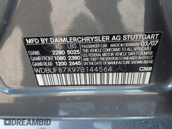 2007 Mercedes-Benz E-Class 3.5L with VIN WDBUF87X97B144564, listed as a IAAI auction lot 41625811 with 138,703 mi miles. Bid and sale history available at carsss.com. Image 9.