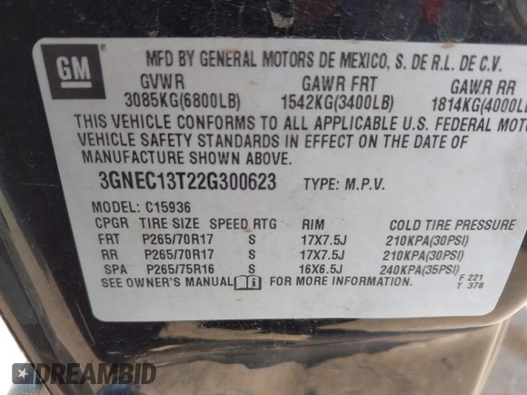 2002 Chevrolet Avalanche z VIN 3GNEC13T22G300623, wystawiony jako IAAI lot #42394549 z przebiegiem 272 961 mil mil oraz . Historia ofert i sprzedaży dostępna na DreamBid. Obrazek 9.