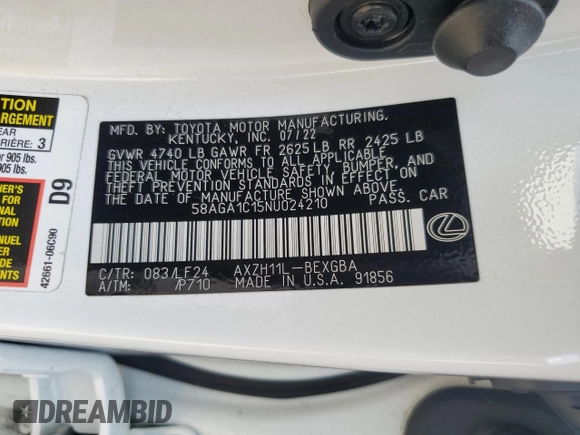 2022 Lexus ES 300h F Sport with VIN 58AGA1C15NU024210, listed as a Copart auction lot 60349895 with 134,663 mi miles and Salvage title. Bid and sale history available at DreamBid. Image 12.