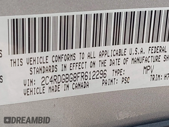 2015 Dodge Grand Caravan SE with VIN 2C4RDGBG8FR612296, listed as a IAAI auction lot 42112920 with 137,023 mi miles and . Bid and sale history available at DreamBid. Image 9.