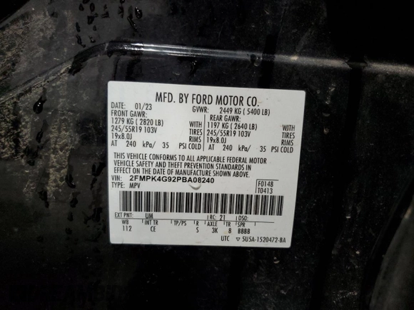 2023 Ford Edge SE с VIN 2FMPK4G92PBA08240, выставлен на аукционе Copart как лот 79160584 с пробегом 37 859 миль миль и Списание • Salvage title. История ставок и продаж доступна на DreamBid. Изображение 14.