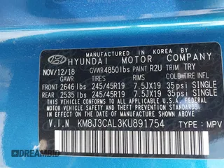 2019 Hyundai Tucson Ultimate with VIN KM8J3CAL3KU891754, listed as a IAAI auction lot 39809087 with 95,967 mi miles. Bid and sale history available at carsss.com. Image 9.