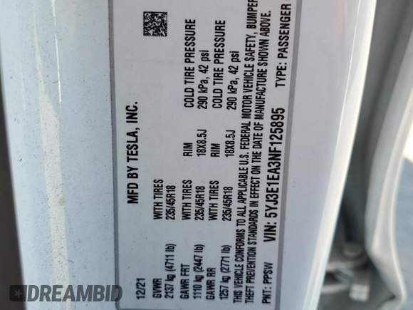2022 Tesla Model 3 with VIN 5YJ3E1EA3NF125895, listed as a Copart auction lot 50042005 with 47,181 mi miles and Salvage Title. Bid and sale history available at DreamBid. Image 15.