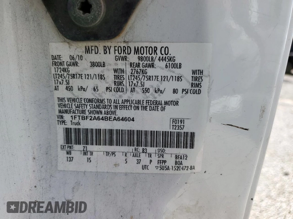 2011 Ford F-250 XL with VIN 1FTBF2A64BEA64604, listed as a Copart auction lot 60738135 with 194,087 mi miles and Salvage title. Bid and sale history available at DreamBid. Image 12.