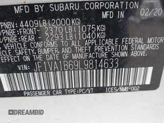 2020 Subaru WRX Premium with VIN JF1VA1B69L9814633, listed as a IAAI auction lot 41455166 with 62,605 mi miles and . Bid and sale history available at DreamBid. Image 9.