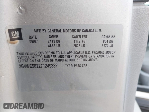 2007 Buick LaCrosse CX with VIN 2G4WC582271249382, listed as a IAAI auction lot 42285783 with 173,858 mi miles and . Bid and sale history available at DreamBid. Image 9.