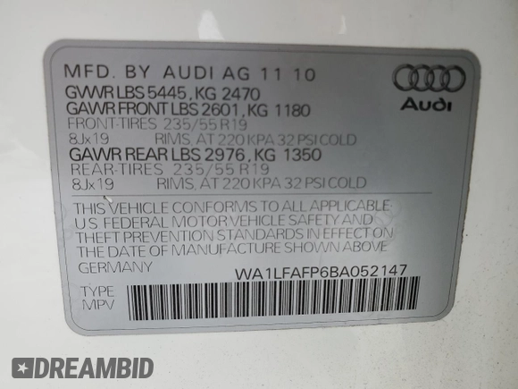 2011 Audi Q5 Premium Plus with VIN WA1LFAFP6BA052147, listed as a Copart auction lot 84075824 with 168,494 mi miles and Clean Title. Bid and sale history available at DreamBid. Image 13.