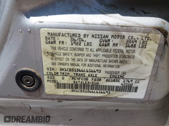 2006 Nissan Sentra S with VIN 3N1CB51D66L616693, listed as a IAAI auction lot 42049022 with 199,608 mi miles and . Bid and sale history available at DreamBid. Image 9.