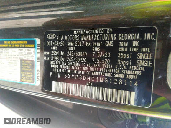 2021 Kia Telluride EX with VIN 5XYP3DHC1MG128114, listed as a IAAI auction lot 42699570 with 92,775 mi miles and . Bid and sale history available at DreamBid. Image 9.