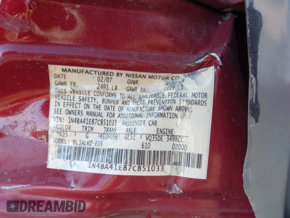 2007 Nissan Maxima SL z VIN 1N4BA41E87C851033, wystawiony jako IAAI lot #41633971 z przebiegiem Nie podano mil oraz . Historia ofert i sprzedaży dostępna na DreamBid. Obrazek 9.