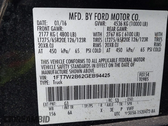 2016 Ford F-250 Lariat with VIN 1FT7W2B62GEB94425, listed as a IAAI auction lot 41748361 with 133,541 mi miles and . Bid and sale history available at DreamBid. Image 9.