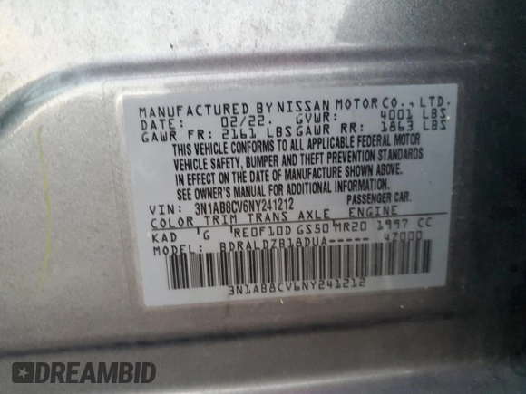 2022 Nissan Sentra SV with VIN 3N1AB8CV6NY241212, listed as a Copart auction lot 74699714 with 50,822 mi miles and Salvage Title. Bid and sale history available at carsss.com. Image 12.