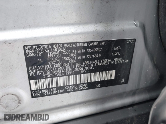 2020 Toyota RAV4 XLE with VIN 2T3P1RFV6LC123919, listed as a IAAI auction lot 42009458 with 79,836 mi miles. Bid and sale history available at carsss.com. Image 9.