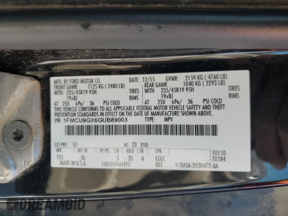 2016 Ford Escape SE with VIN 1FMCU9GX6GUB89003, listed as a Copart auction lot 53515675 with 177,014 mi miles and Clean Title. Bid and sale history available at carsss.com. Image 14.