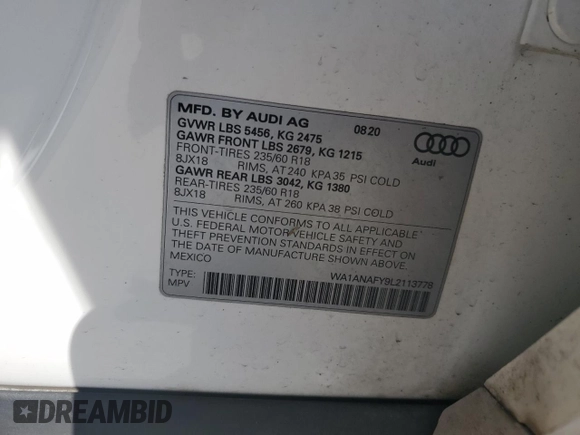 2020 Audi Q5 Premium z VIN WA1ANAFY9L2113778, wystawiony jako Copart lot #49013155 z przebiegiem 105 812 mil mil oraz Szkoda całkowita • Salvage title. Historia ofert i sprzedaży dostępna na DreamBid. Obrazek 13.