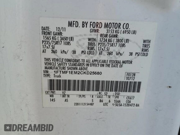 2012 Ford F-150 XL with VIN 1FTMF1EM2CKD25680, listed as a Copart auction lot 82422404 with 282,375 mi miles and Clean title. Bid and sale history available at DreamBid. Image 12.