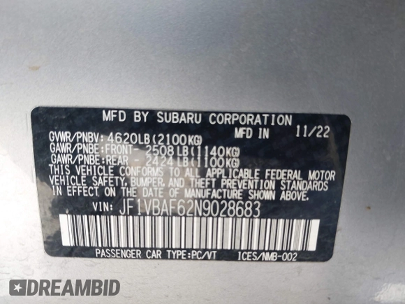 2022 Subaru WRX Premium with VIN JF1VBAF62N9028683, listed as a IAAI auction lot 42227871 with 21,234 mi miles and . Bid and sale history available at DreamBid. Image 9.