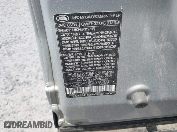 2005 Land Rover LR3 SE z VIN SALAE25485A336499, wystawiony jako IAAI lot #42461282 z przebiegiem 181 089 mil mil oraz . Historia ofert i sprzedaży dostępna na DreamBid. Obrazek 9.